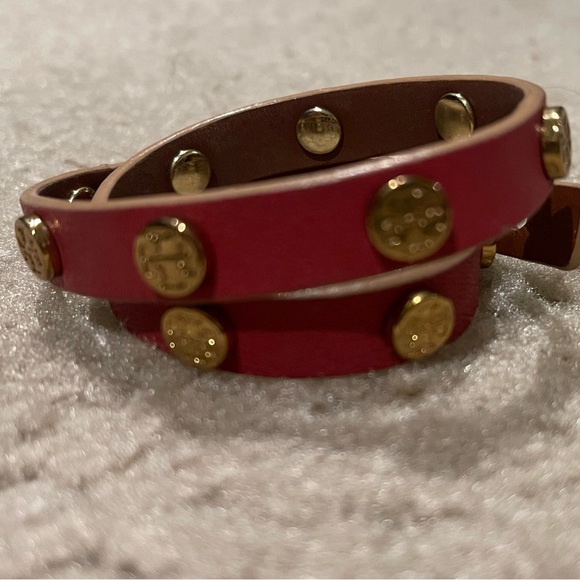 TORY BURCH Leather Strap Logo Studded Double Wrap Bracelet Pink - Picture 3 of 6
